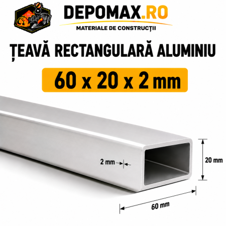 Teava rectangulara aluminiu 60 x 20 x 2 mm, 6 metri (EN AW-6060)
